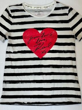 Women’s Karl Lagerfeld Black & White Striped Tee with Red Heart Paris Graphic